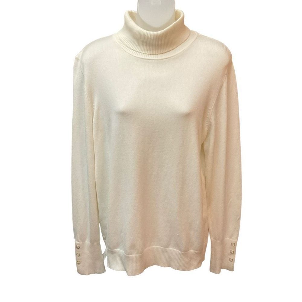 Joseph A Sweater Pullover Turtleneck Tan Ivory Button Cuff Bling Women Large